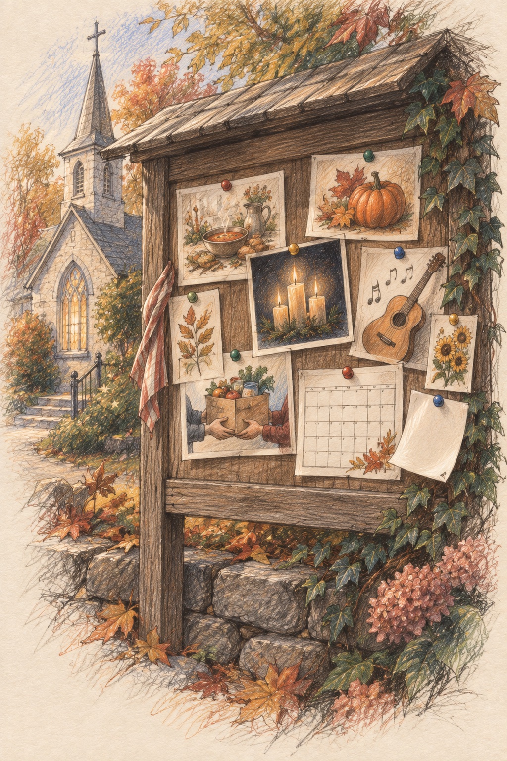 Drawing of a wooden notice board beside a stone church, pinned with notices for a soup supper, a pumpkin, candlelight, music and a blank calendar